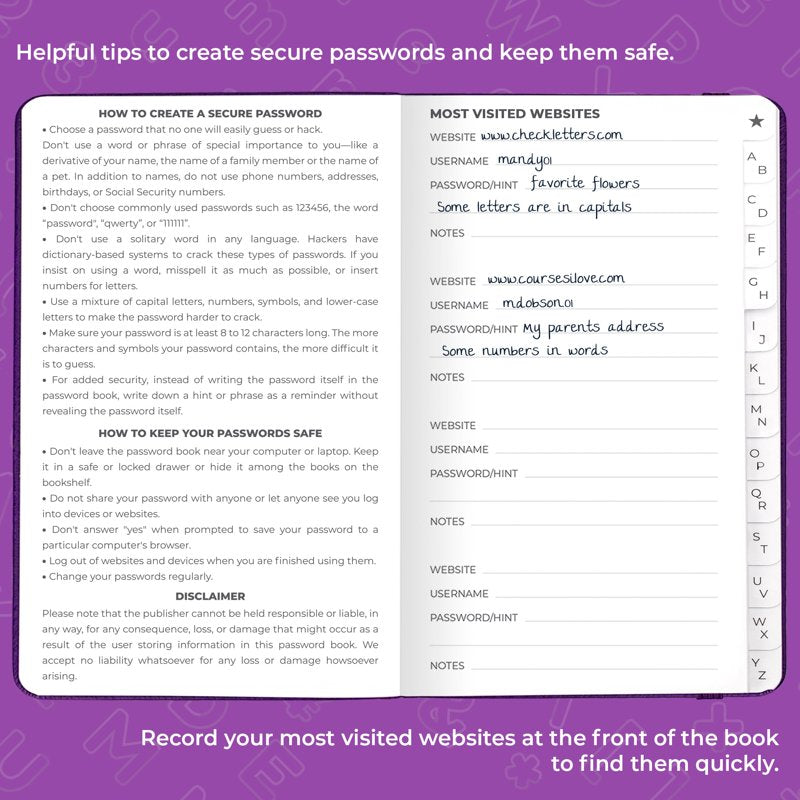 Pocket Password Book with Alphabetical Tabs - Compact Notebook & Organizer