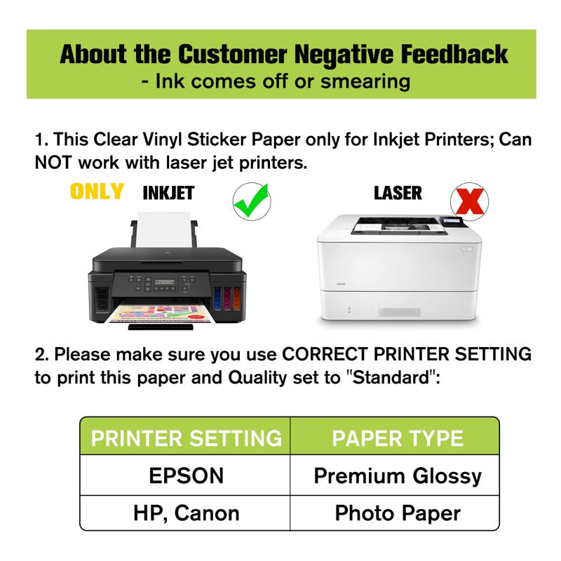 Clear Printable Vinyl Sticker Paper for Inkjet Printers - Waterproof 8.5x11 Inch Sheets