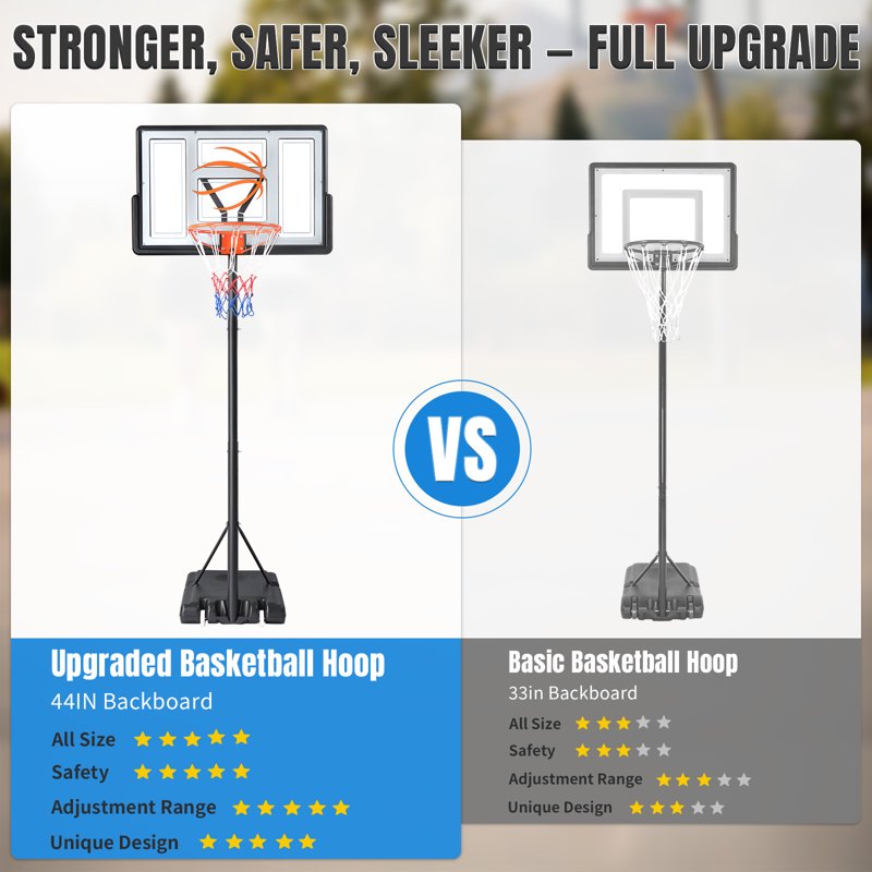 Portable Basketball Hoop System 44 Inch Height Adjustable Outdoor Goal with Shatterproof Backboard