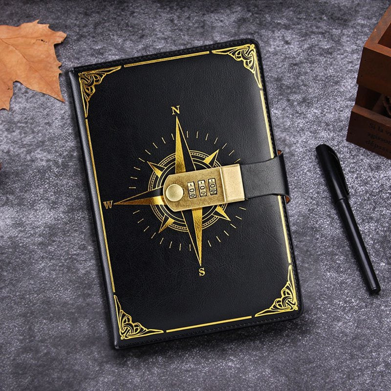 Lockable Diary with Combination Lock & Compass Design - Faux Leather Journal for Secure Writing