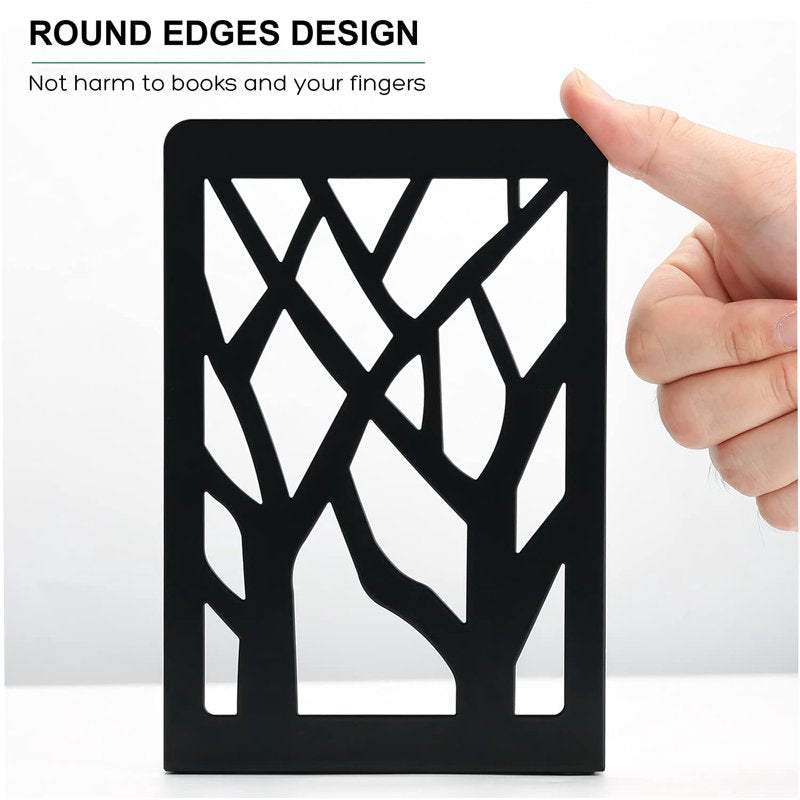 Heavy Duty Metal Book Ends Tree Design Set - Black, Modern Shelf Organizer