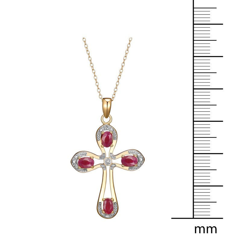 Gold Over Sterling Silver Ruby and Diamond Cross Pendant with 18" Chain