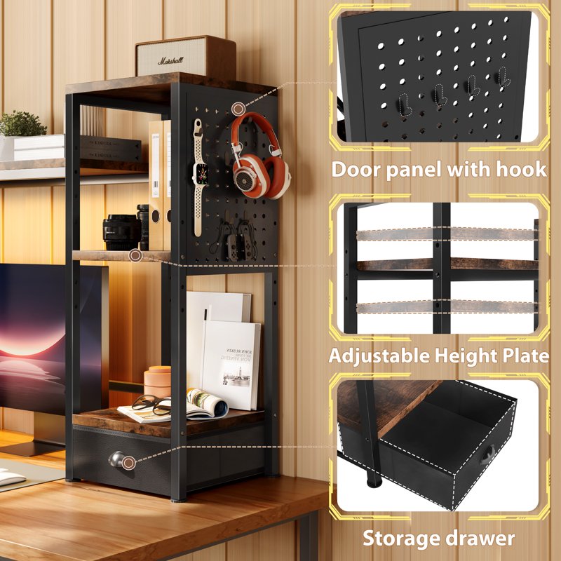 Desktop Bookshelf with Charging Station LED Light Adjustable Shelf 3-Tier Organizer