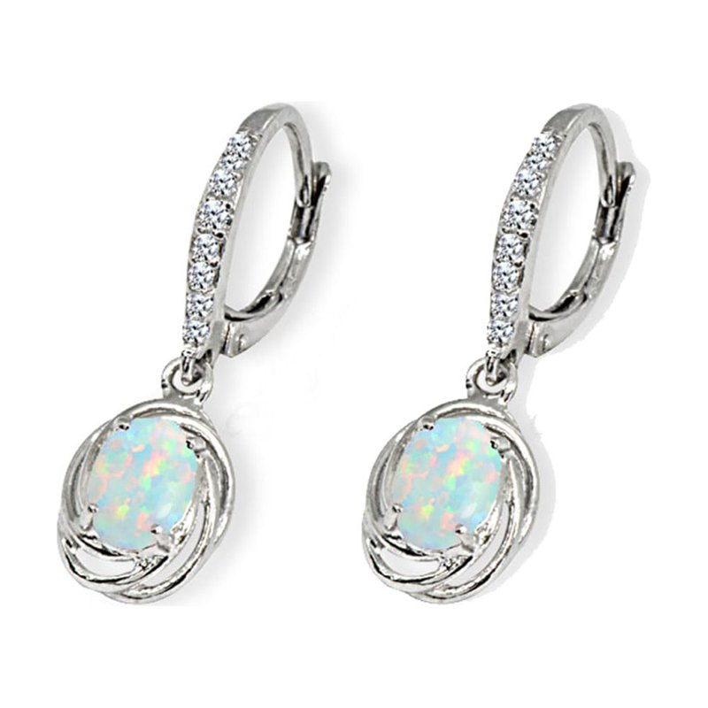 Sterling Silver Dangle Earrings with Oval Simulated Opal & CZ - Love Knot Design