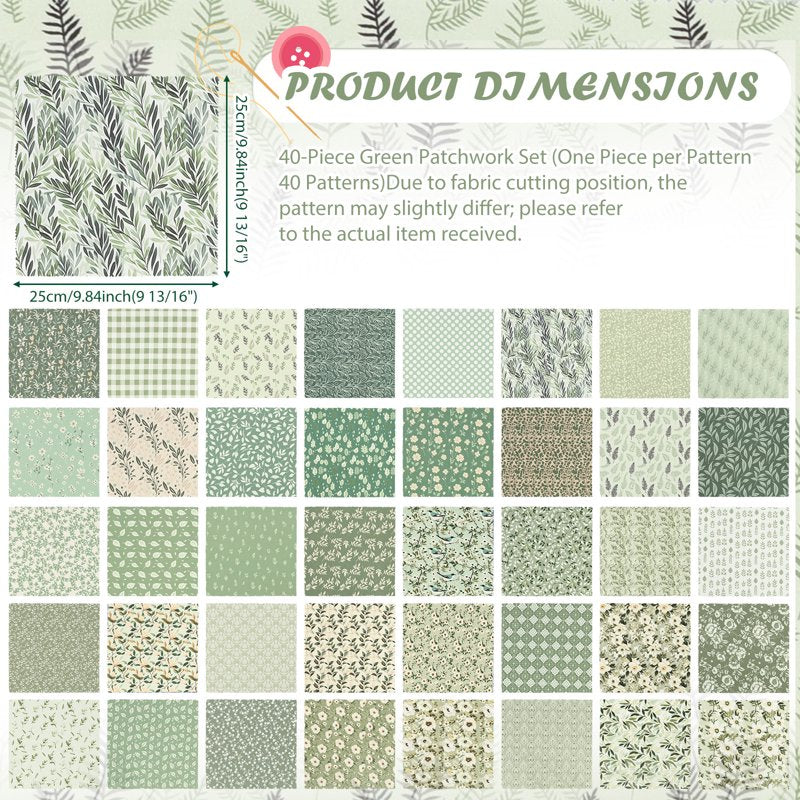 40 Pcs Sage Green Floral Cotton Fabric Squares for Quilting Sewing Crafts