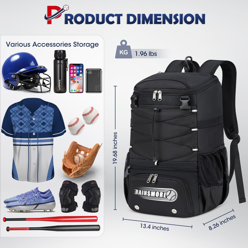 Waterproof Baseball Backpack with Shoe Compartment & Helmet Holder - Lightweight Sports Bag