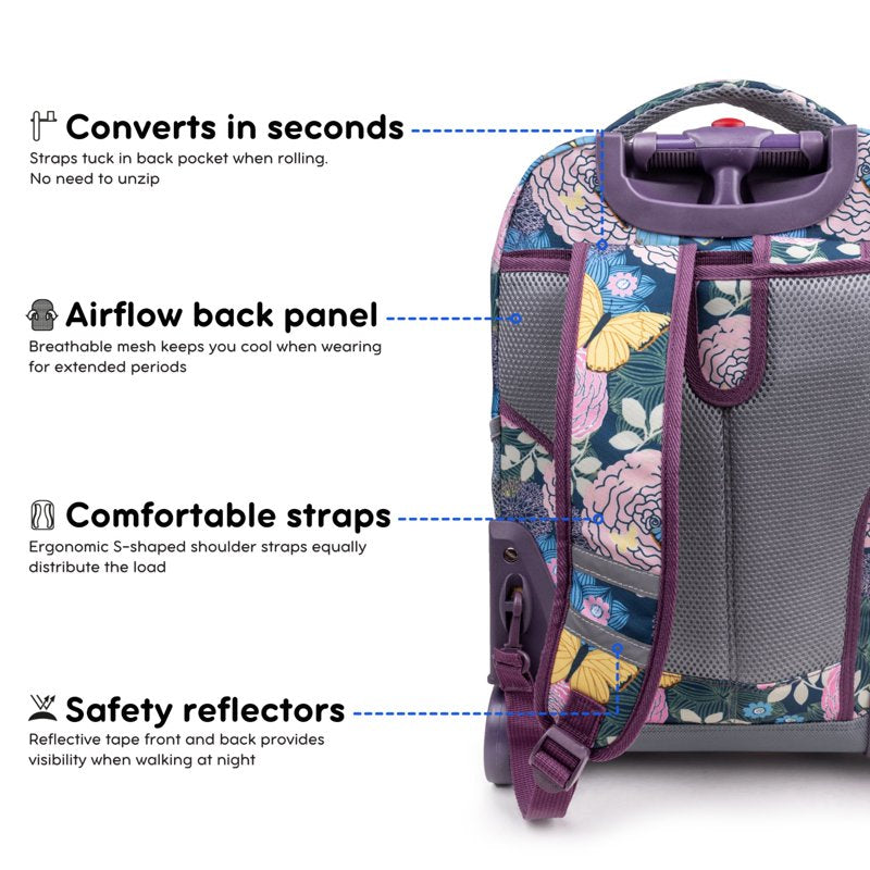 Girls 18-Inch Rolling Backpack for School and Travel - Multiple Patterns