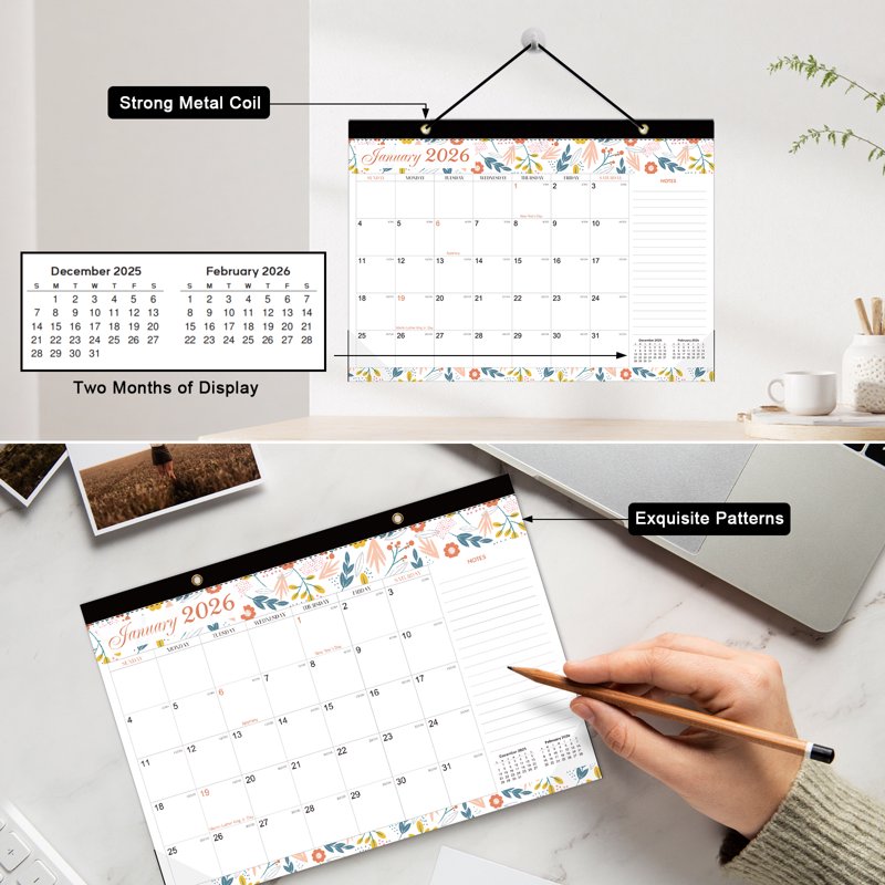 Horizontal Wall Calendar 2026 Floral Pattern Large Weekly Organizer