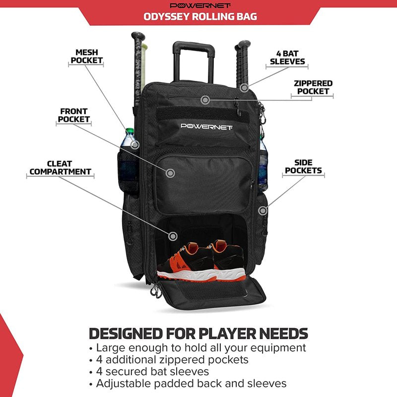 Softball Baseball Gear Rolling Bag with Multiple Pockets & Hanging Hooks