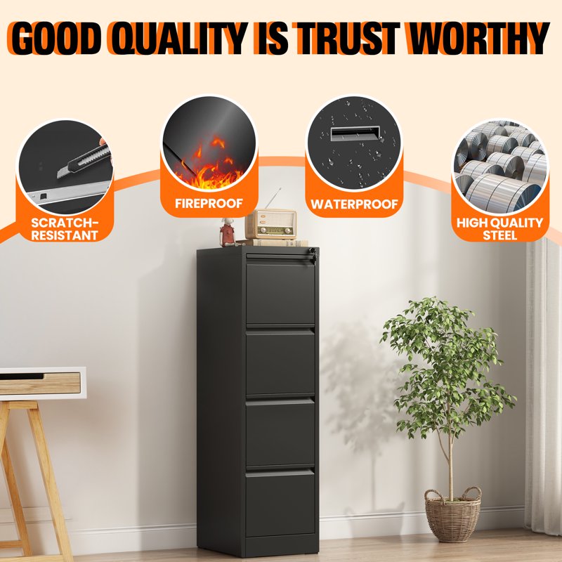 4-Drawer Locking Metal File Cabinet for Office Storage - Black