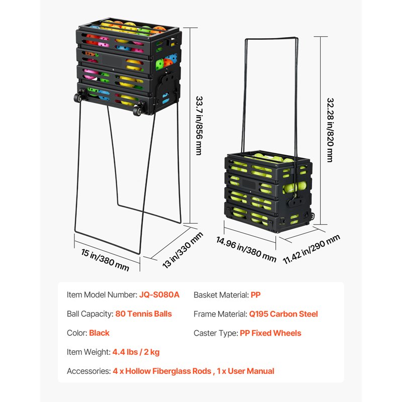 Portable Tennis Ball Hopper with 80-Ball Capacity, Folding Pickleball Basket Cart with Wheels for Training & Storage