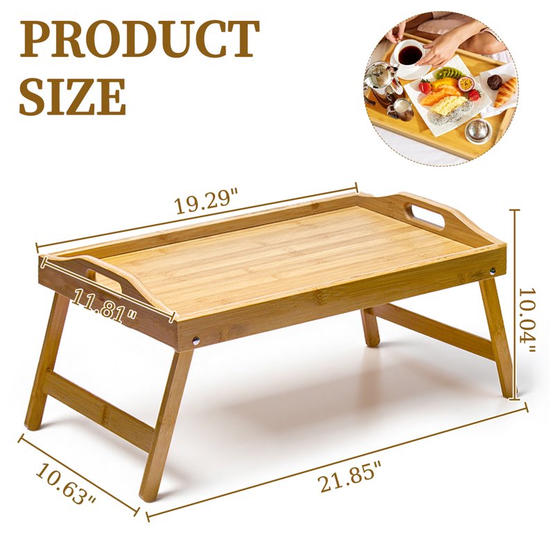 Bamboo Bed Tray Table with Folding Legs and Handles - Multi-Purpose Serving and Laptop Desk