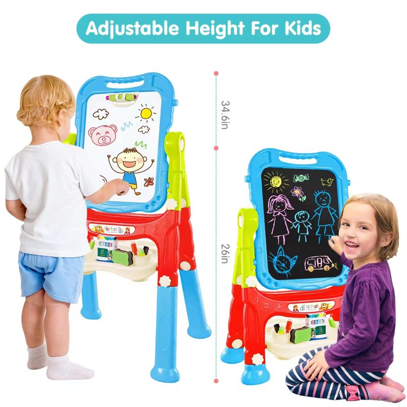 Kids Art Easel with Whiteboard & Chalkboard, Adjustable & Rotatable, Portable Craft Gift