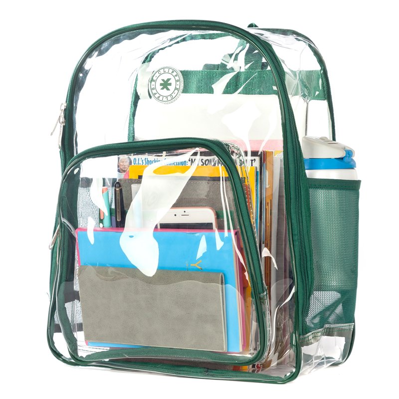 Heavy Duty Clear Backpack with Green Trim for School & Work