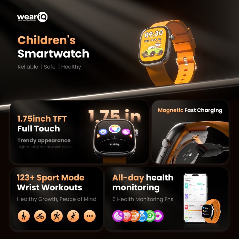 Kids Smart Watch with 5 Color Straps, 1.75-Inch Touch Screen, Bluetooth Calling, Waterproof Fitness Tracker