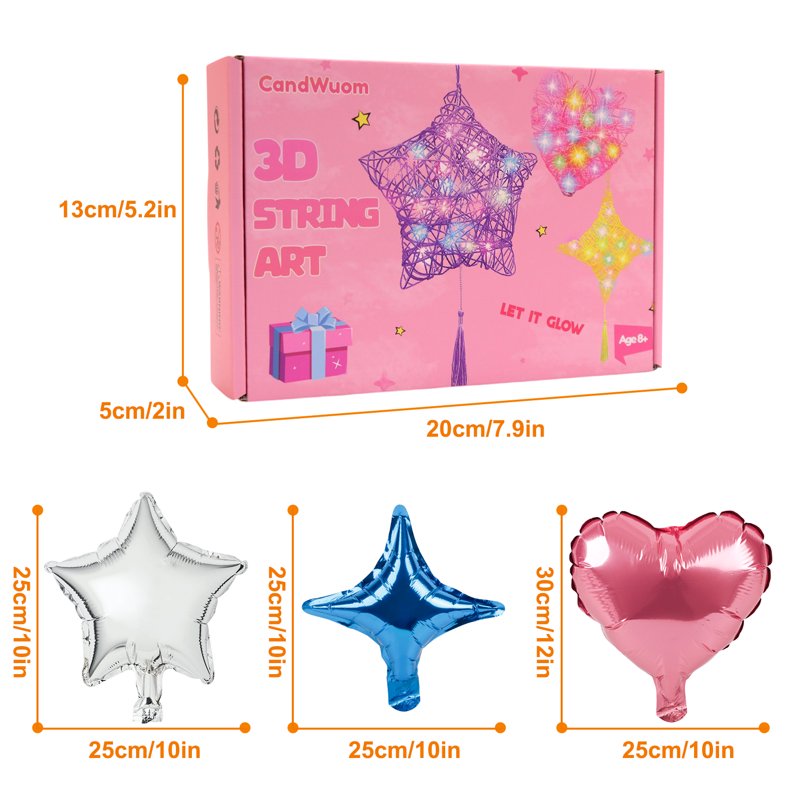 Kids 3D Light Up String Art Craft Kit for Girls Ages 8-12 - Heart, Star, Diamond Lanterns