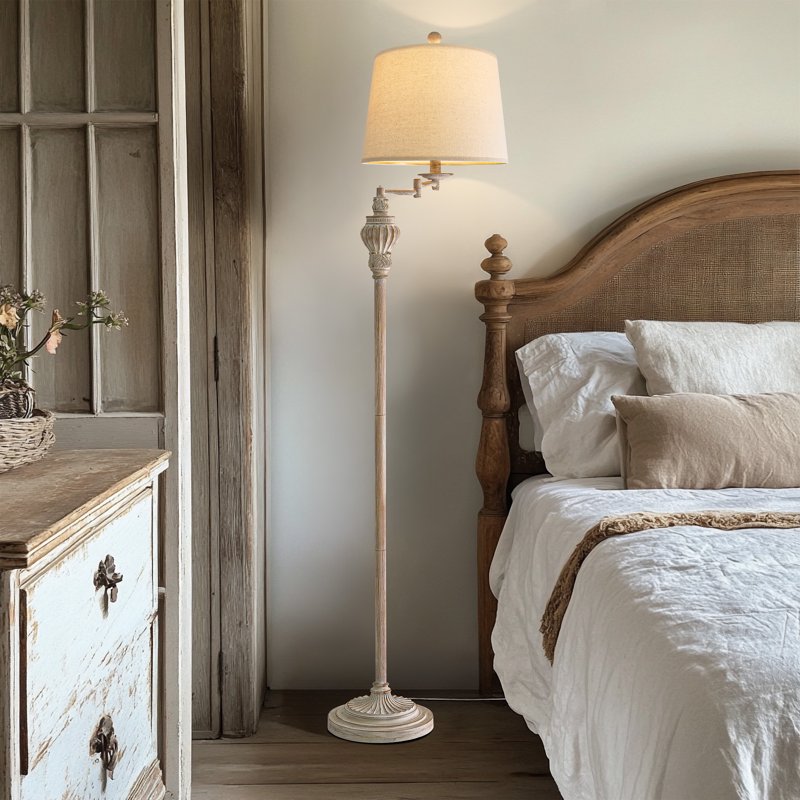 Vintage Floor Lamp with Adjustable Swing-Arm - Antique White Resin Standing Lamp for Living Room & Bedroom