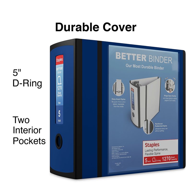 5-Inch 3-Ring D-Ring Binder - Navy Blue, Holds Up To 1270 Pages
