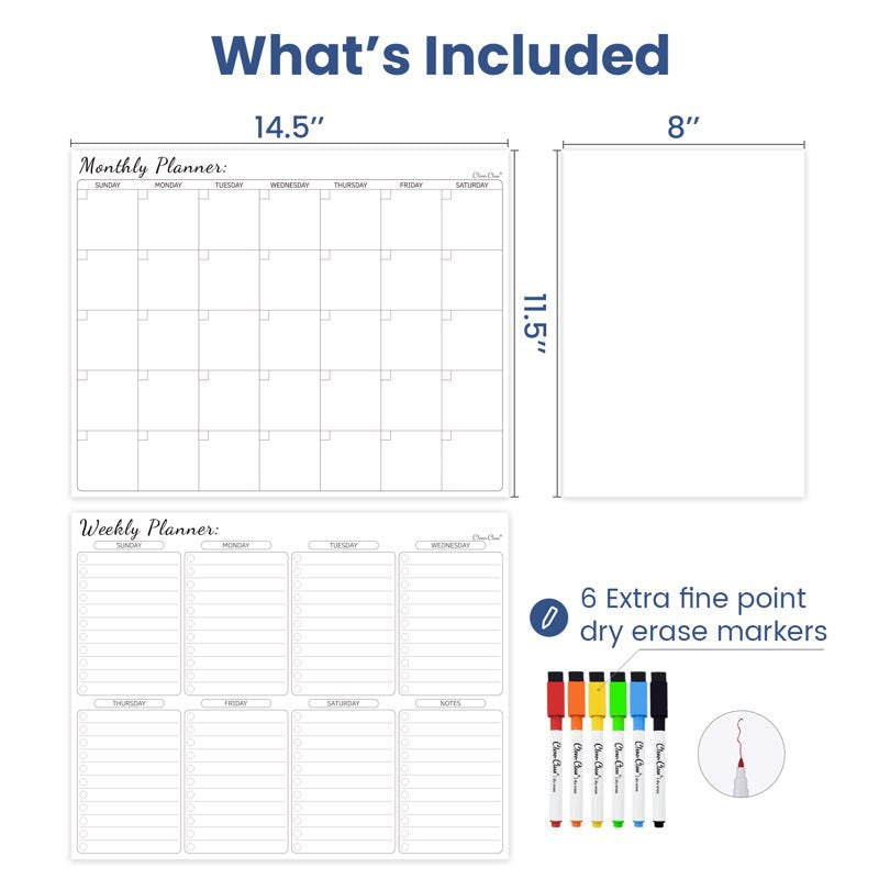 Dry Erase Calendar Set with Weekly Planner and Whiteboard for Fridge Wall or Cabinets