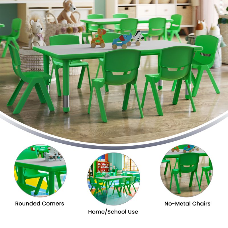 Kids Activity Table Set with 6 Chairs - Adjustable Classroom Furniture, Green