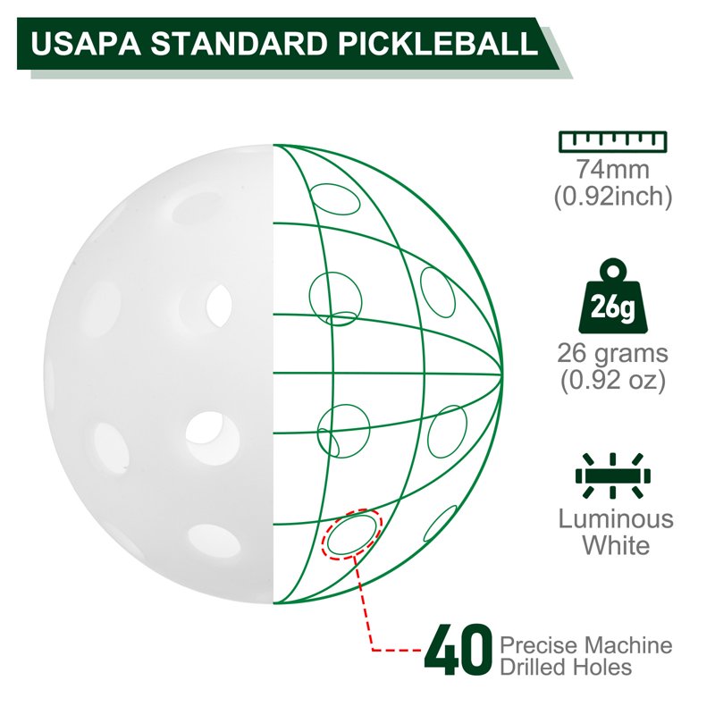 Uxcell Luminous Pickleball Balls 6 Pack - Glow in the Dark, 40-Hole, White (Variation: White) Mesh Bag
