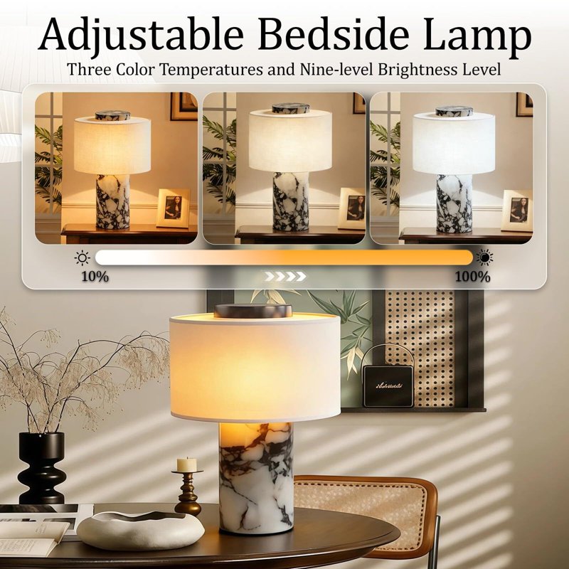Marble Table Lamp with USB Charging Touch Dimmable Night Light