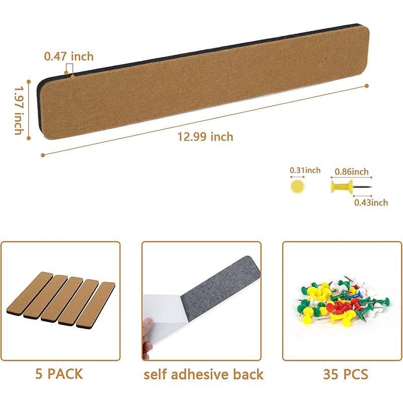Self-Adhesive Felt Cork Boards 5-Pack with Push Pins for Office & Home
