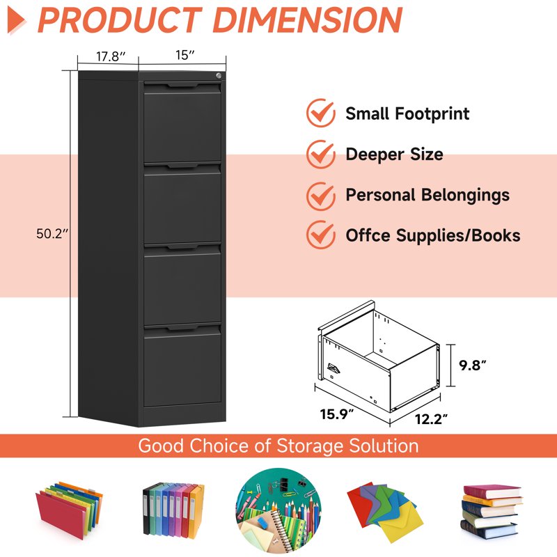 Metal File Cabinet with Lock, 4 Drawers for Home Office, Black, Fits Letter A4 Legal Files