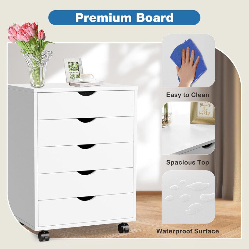 Wooden Rolling File Cabinet with 5 Drawers - Mobile Storage for Home Office