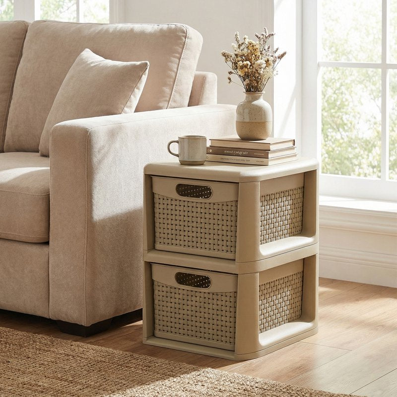 2-Drawer Storage Cabinet with Wicker Pattern Handles for Bedroom Bathroom - Compact Organizer