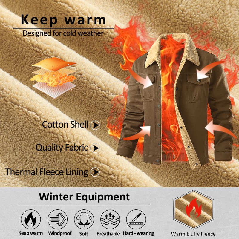 Men's Winter Trucker Jacket - Thick Thermal Fleece Lined Coat with Flap Pockets, Brown, 2XL