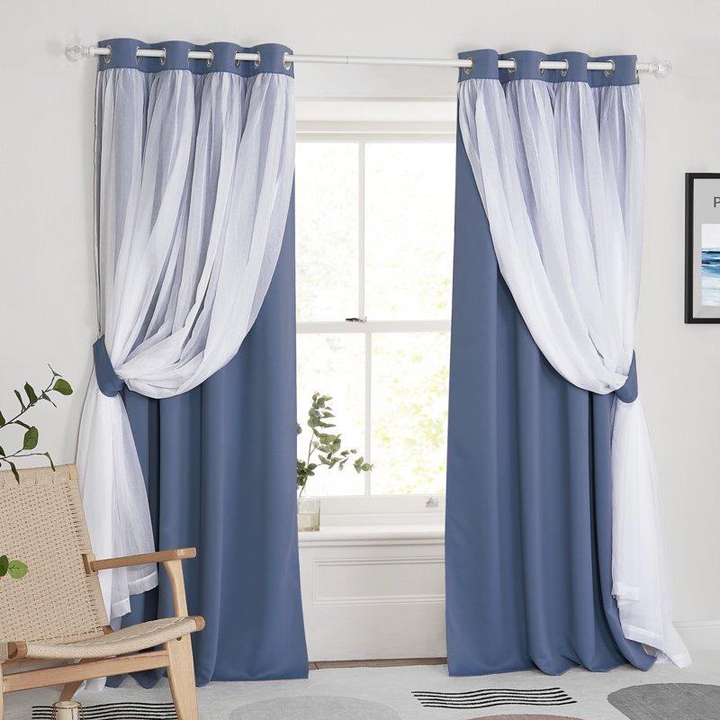 Double Layer Blackout Curtains for Bedroom Solid Ruffle Grommet Window Drapes