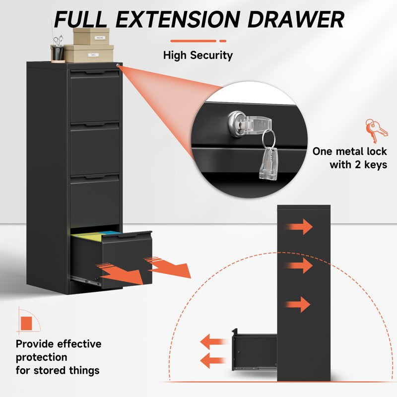 Metal File Cabinet with Lock, 4 Drawers for Home Office, Black, Fits Letter A4 Legal Files