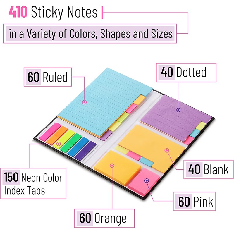 Neon Sticky Notes Set with Index Tabs - 410 Pack for Planners Journals and Bibles