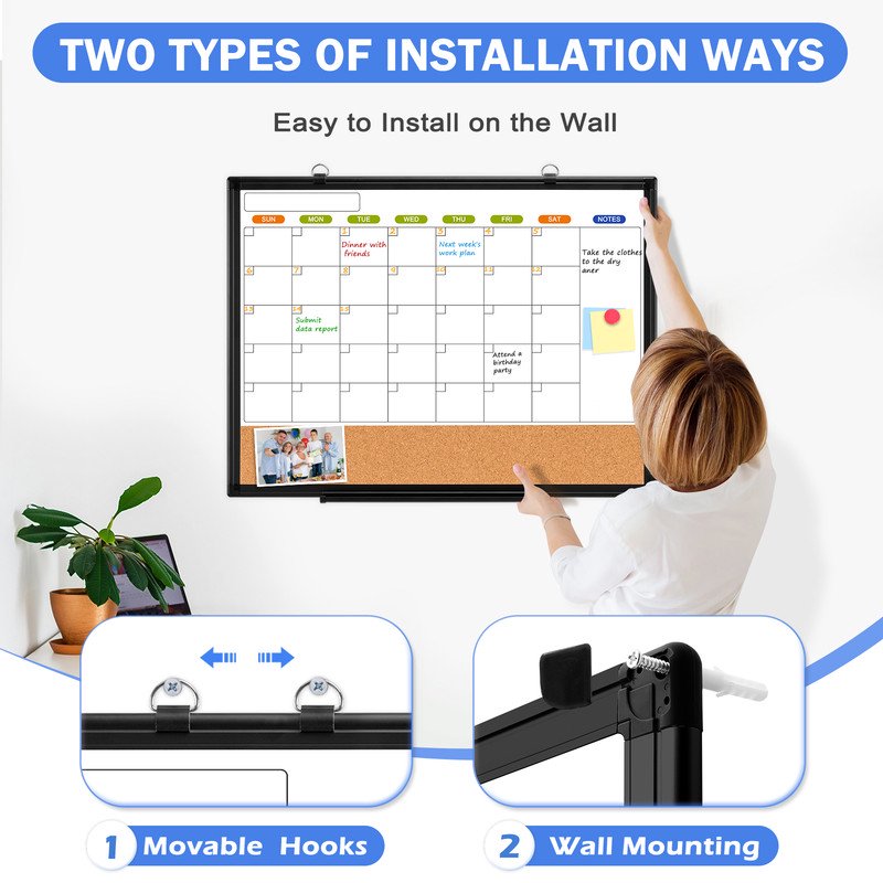 Magnetic Whiteboard Calendar & Cork Board Combo - 24x18, 36x24 Inches, Double-Sided Wall Mount