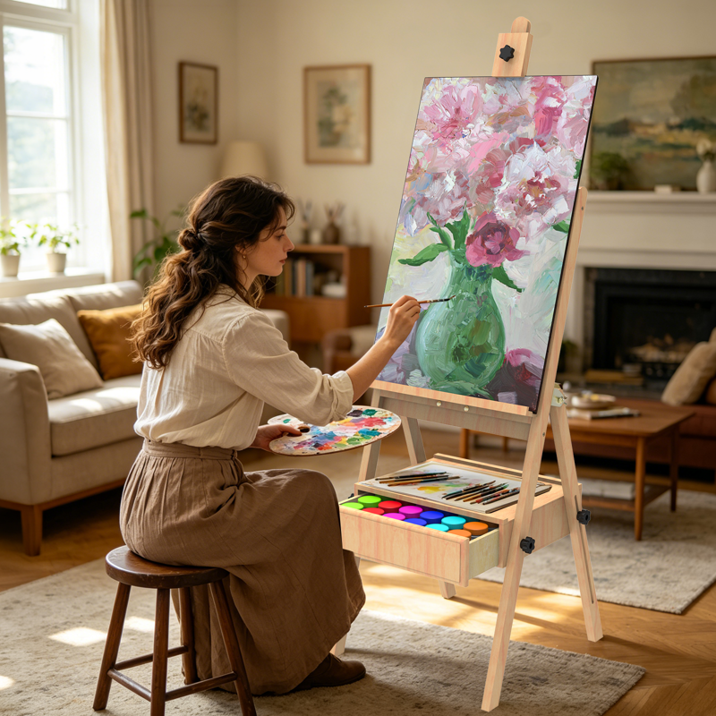 Wooden Art Easel with Storage Drawer, Adjustable Painting Stand for Adults & Kids