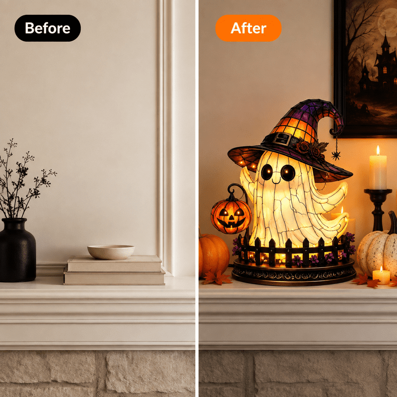 Halloween Ghost Night Light - 11.8 Inch Witch Hat Ghost Lamp with Jack O Lantern Indoor Decor