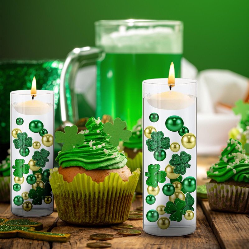 Holiday Vase Filler Set Shamrocks Green Beads & Faux Diamonds for St Patrick's Day Decor