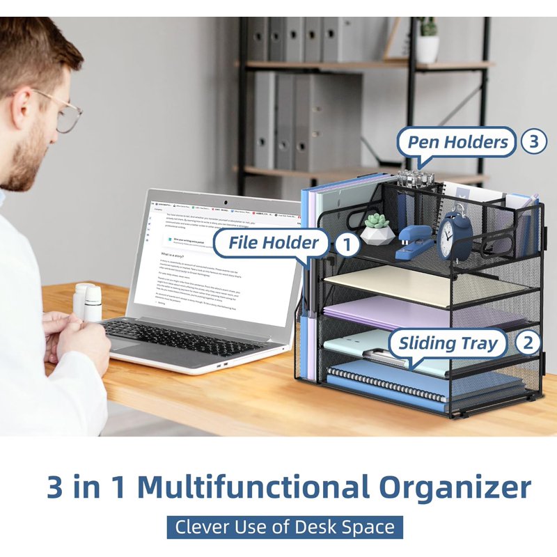 5-Tier Metal Desk File Organizer with Handle and Pen Holders, Office Storage, Black