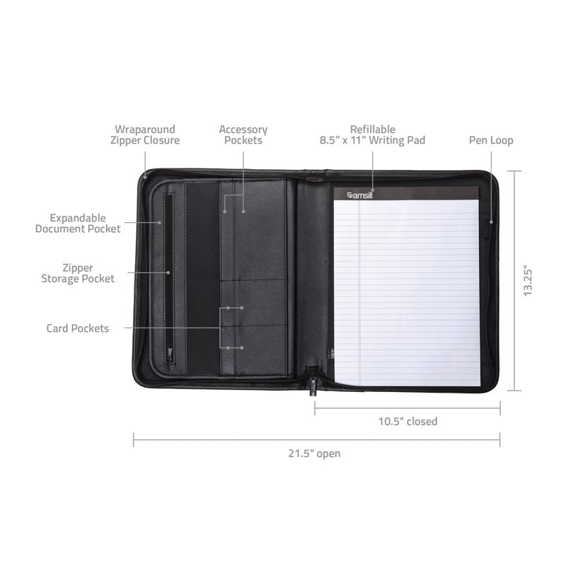 Professional Padfolio with Zippered Closure and Tablet Sleeve - Office Organizer