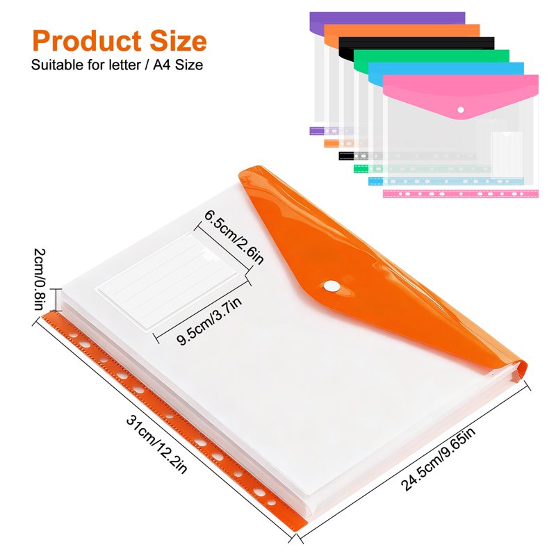 12 Pack Plastic Binder Folders with Snap Button & Label Pockets - Waterproof A4 Document Holders for Office & School