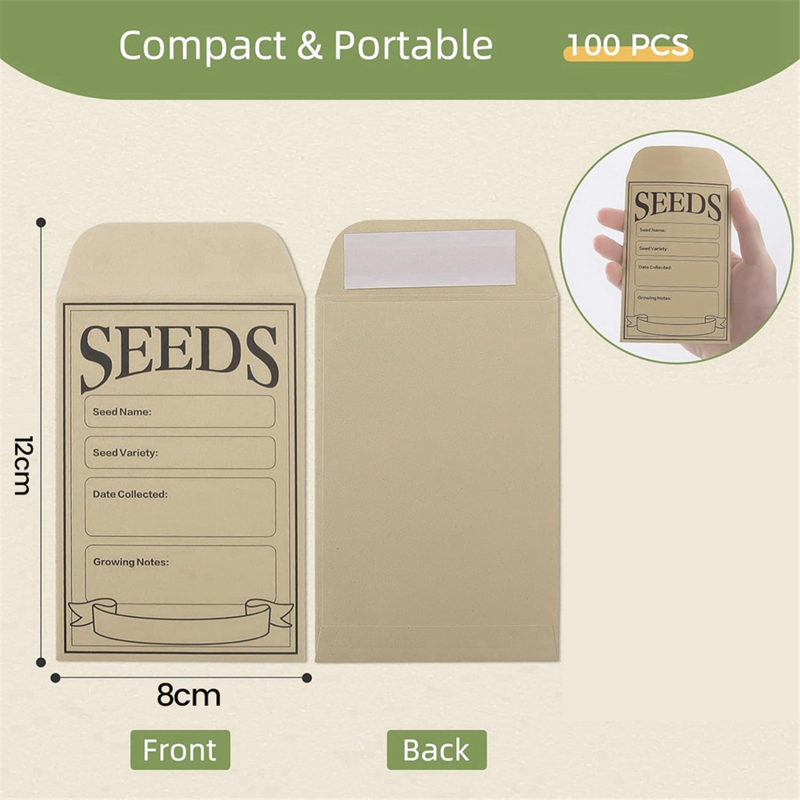 Self Sealing Kraft Seed Packets Envelopes - 100 Pack Small Seed Storage Bags
