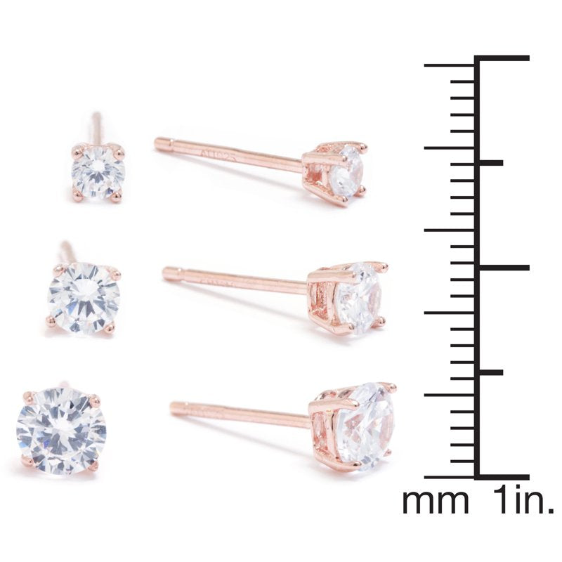 3-Piece Cubic Zirconia Stud Earrings Set in Rose Gold over Sterling Silver for Women & Teens