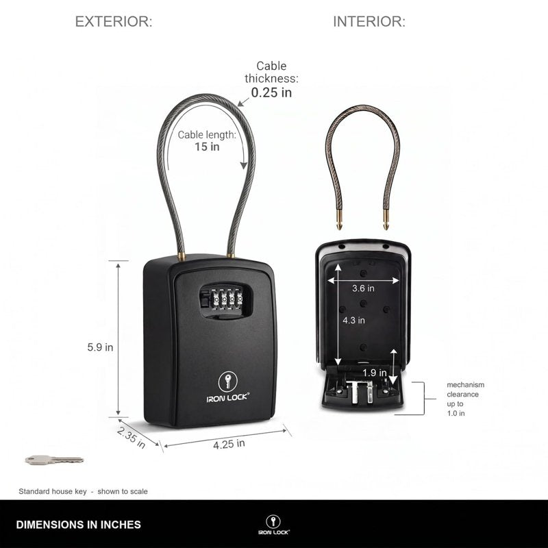 Extra Large Portable Key Lock Box with Cable Shackle - Waterproof Metal Security Storage