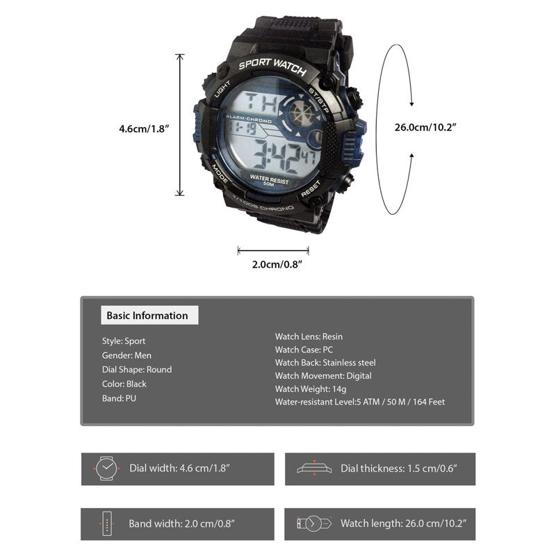 Digital Sport Wristwatch for Men with Water Resistance and Stopwatch