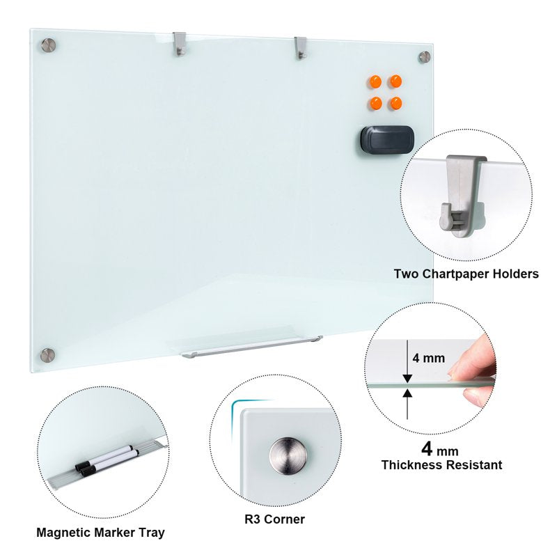 Glass Magnetic Whiteboard Frameless Wall-Mounted Dry Erase Board for Office & Home