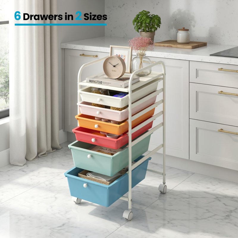 Multicolor 6-Drawer Rolling Storage Cart Organizer - Home, Office, School