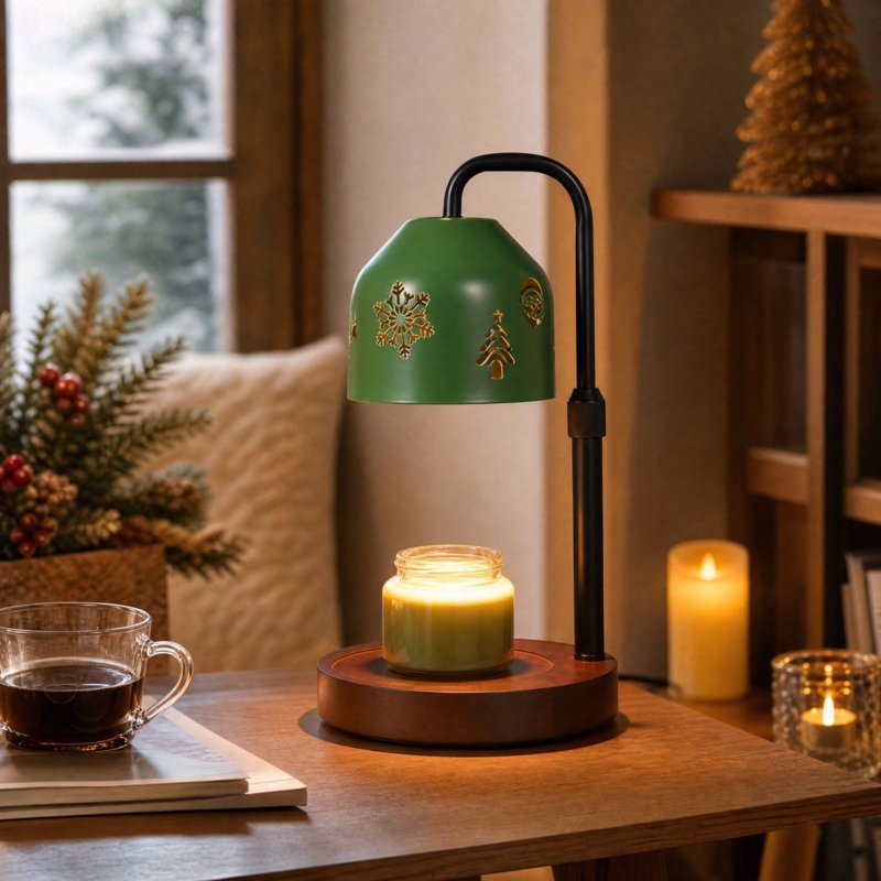 Christmas Candle Warmer Lamp - Dimmable Wax Melter with Festive Pattern and Wood Base