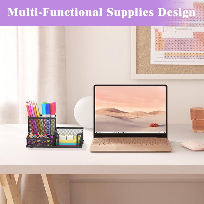 Mesh Pen Holder Desk Organizer with 3 Compartments - Office Supplies Storage