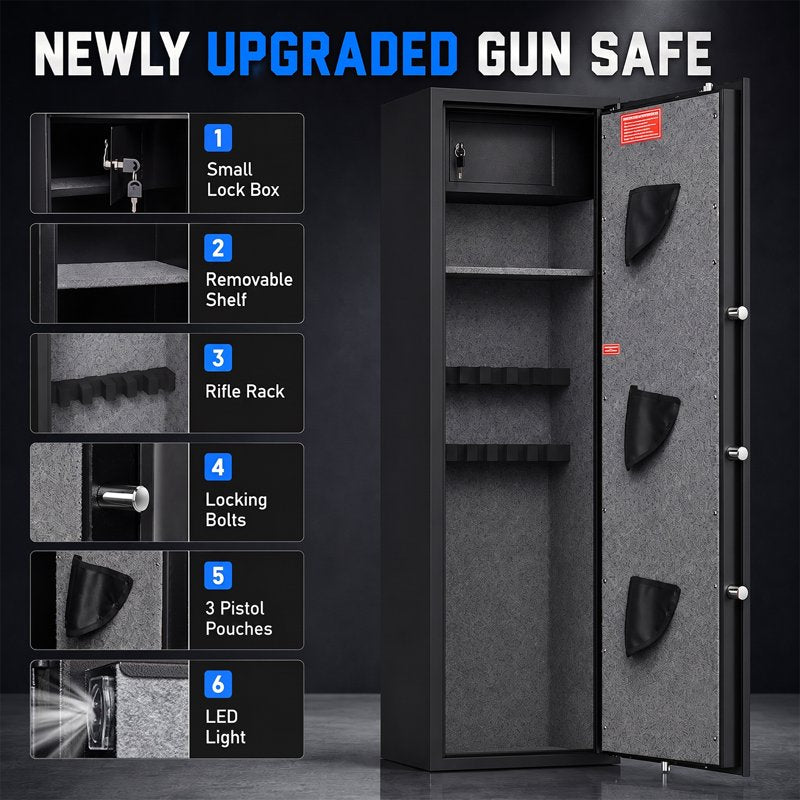 Gun Safe with Combination or Fingerprint Lock, Fireproof Steel Rifle Cabinet with Adjustable Shelves